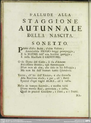 S´Allude Alla Staggione Autunnale Della Nascita. Sonetto