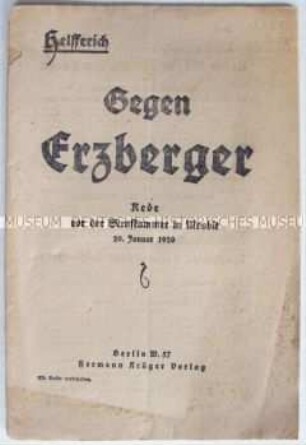 Broschüre mit dem Wortlaut der Rede von Helfferich im Verfahren gegen Erzberger