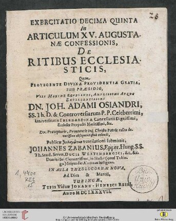 Band 15: Exercitatio Theologica ... In Articulum Augustanae Confessionis: De Ritibus Ecclesiasticis