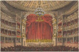 Innenansicht des ersten Baus der Semperoper (Hoftheater) in Dresden, Blick über den Zuschauerraum zur Bühne mit geschlossenem Vorhang