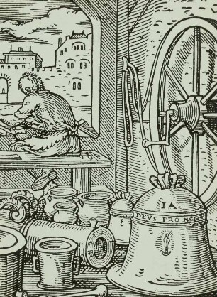 Der Glockengießer. Aus: Stände und Handwerker 1568 : Amman, Jost: Der Glockengießer. Aus: Eigentliche Beschreibung aller Stände auf Erden (mit Versen von Hans Sachs) 1568. Holzschnitt