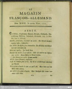 Nro. XXXXI. le XXVII. Nov. 1777