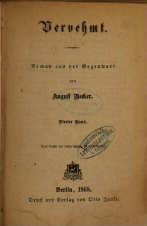 Vervehmt : Roman aus der Gegenwart von August Becker, 4
