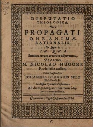 Disp. ... de propagatione animae rationalis