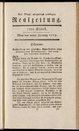 7tes Stück. Wien den 20ten Hornung 1773.