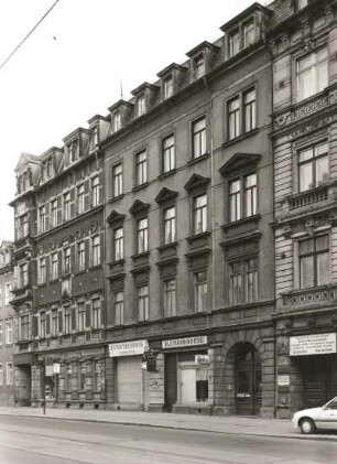 Dresden-Neustadt, Bautzner Straße 52/50. Wohnhäuser mit Läden (um 1895/um 1885). Straßenansicht