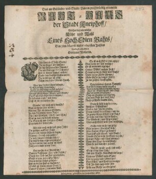 Das an Gebäude/ und Stadt-Vätern preißwürdig erneuerte Raht-Haus der Stadt Kneiphoff : Welches bey ordentlicher Kühr und Wahl Eines HochEdlen Rahts/ Den 3ten Martii dieses 1697sten Jahres schuldigst auffgeführet