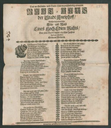 Das an Gebäude/ und Stadt-Vätern preißwürdig erneuerte Raht-Haus der Stadt Kneiphoff : Welches bey ordentlicher Kühr und Wahl Eines HochEdlen Rahts/ Den 3ten Martii dieses 1697sten Jahres schuldigst auffgeführet