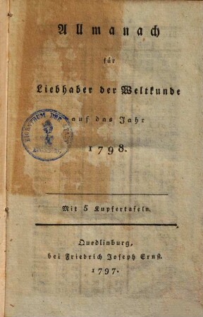 Allmanach für Liebhaber der Weltkunde auf das Jahr 1798