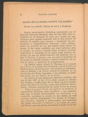 Glosa de la danza nativa "la zamba" : Danza de pañuelo. Danza de amor y elegancia.