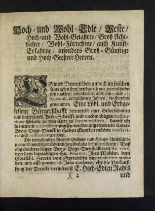 [An Eine Hoch-Löbl. und Erb-Gesessene Bürgerschafft Der Stadt Hamburg/ Abermahlige Restitutions-Bitte Und Flehentliches Gesuch/ Mein Henning Helmers]