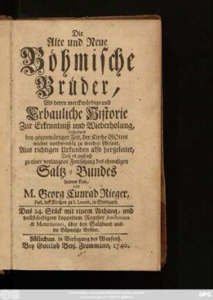 Stück 24: Mit einem Anhang, und vollständigen doppeltem Register Auctorum & Materiarum, über den Saltzbund und die Böhmische Brüder