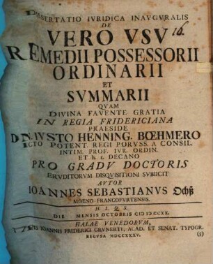 Diss. iur. inaug. de vero usu remedii possessorii ordinarii et summarii
