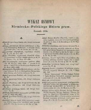 Wykaz osnowy Niemiecko-Polskiego Zbioru praw. Rocznik 1856