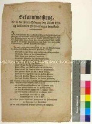 Bekanntmachung des Magistrates der Stadt Leipzig betreffend den Schutz vor Bränden