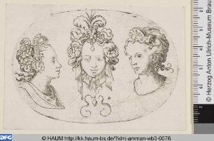 [Drei Frauenbüsten im Oval: Drei Büsten junger Frauen mit diademartigem Schmuck im Haar; Three Heads of Women]