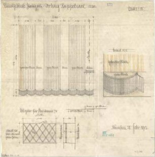 Fischer, Theodor; Stuttgart; Kunstausstellungsgebäude - Vorhang im Kuppelsaal (Ansicht, Detail); Gitter (Detail); Treppenhaus (Detail)