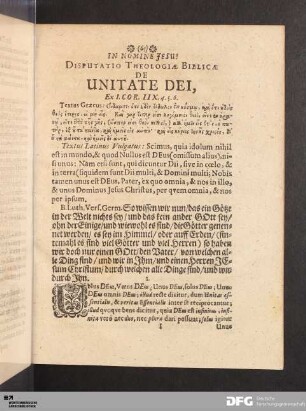 Disputatio Theologiae Biblicae. De Unitate Dei.