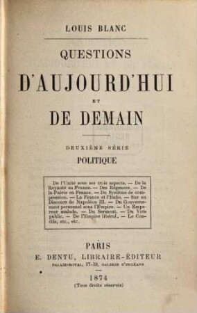 Questions d'aujourd'hui et de demain, II