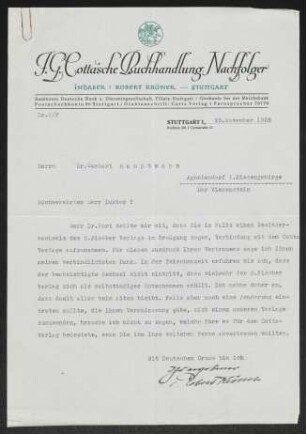 Brief von Robert Kröner von J.-G.-Cotta'sche Buchhandlung Nachfolger  an Gerhart Hauptmann