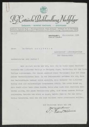 Brief von Robert Kröner von J.-G.-Cotta'sche Buchhandlung Nachfolger <Stuttgart> an Gerhart Hauptmann