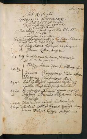 Sommerhalbjahr 1722. Rektorat Gottfried Hoffmann