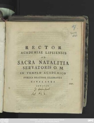 Rector Academiae Lipsiensis Ad Sacra Natalitia Servatoris O. M. In Templo Academico Pvblica Oratione Celebranda Cives Svos Invitat : [P. P. Natalis Domini parasceue die XXIV. Decembris, MDCCL.]