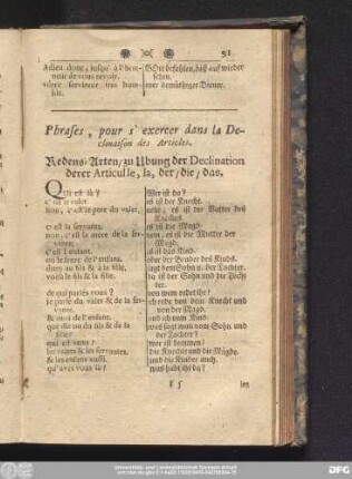 Phrases, pour s'exercer dans la Declinaison des Articles. Redens-Arten, zu Ubung der Declination derer Articulle, la, der, die das.