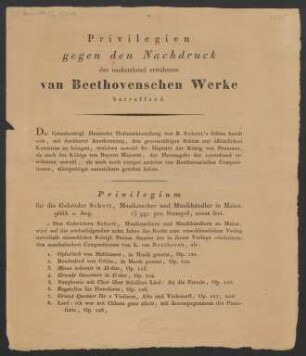 Bekanntmachung des Druckprivilegs für Werke Ludwig van Beethovens