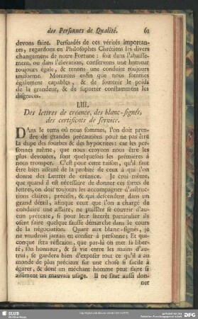LIII. Des lettres de créance, des blanc-signés, des certificats de service