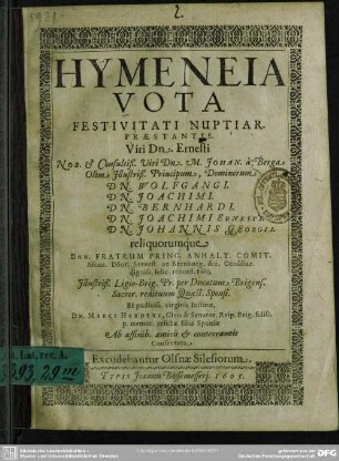 Hymeneia vota festivitati nuptiarum Ernesti ... a Bergen ... et Justinae ... Harderi ...