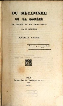 Du mécanisme de la société en France et en Angleterre