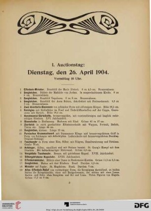 I. Auctionstag: Dienstag, den 26. April 1904. Vormittag 10 Uhr (Nr. 1-185)