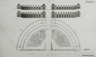 Wermsdorf, Schloß Hubertusburg, Aufrisse und Grundriß des abschließenden Heckenrondells im Lustgarten