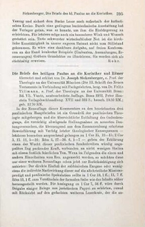395-396 [Rezension] Sickenberger, Joseph, Die Briefe des heiligen Paulus an die Korinther und Römer