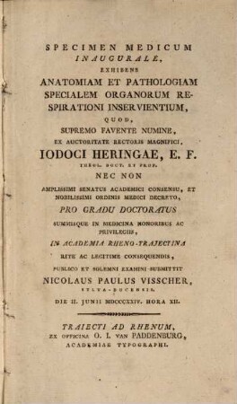 Specimen med. inaug. exhibens anatomiam et pathologiam specialem organorum respirationi inservientium