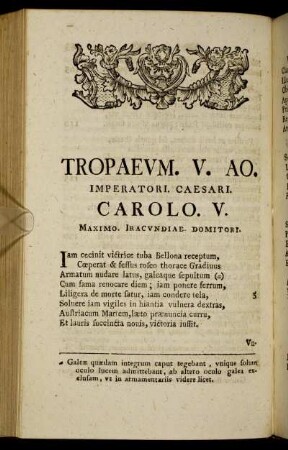 Tropaevm. V. AO. Imperatori Caesari. Carolo V. Maximo. Iracvndiae. Domitori.
