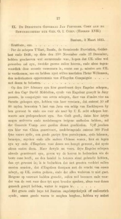 IX. De directeur general Jan Pietersz. Coen aan de bewindhebbers der gen. O. I. Comp. (Heeren XVII.)