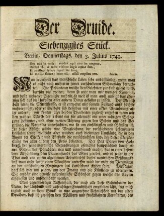 Siebenzigstes Stück. Berlin, Donnerstags, den 3. Julius 1749