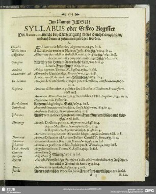 Syllabus oder Erstes Register Der Autorum, welche bey Verfertigung dieses Buchs angezogen, und auß denen es zusammen getragen worden