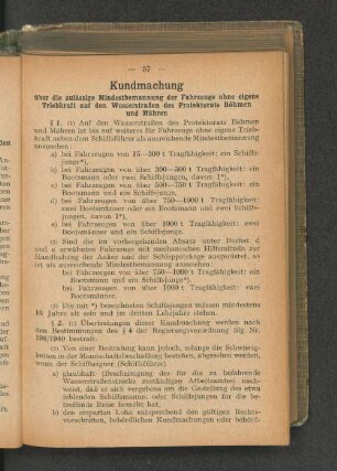 Kundmachung über die zulässige Mindestbemannung der Fahrzeuge ohne eigene Triebkraft auf den Wasserstraßen des Protektorats Böhmen und Mähren