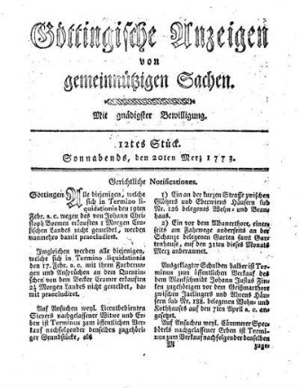 12tes Stück. Sonnabends, den 20ten Merz 1773.
