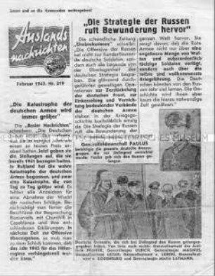 Sowjetisches Nachrichtenblatt für die Wehrmacht mit internationalen Pressemeldungen zur Kriegslage