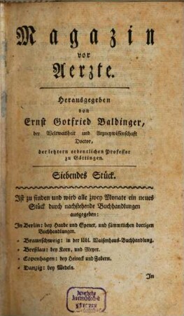 Magazin vor Aerzte. [2] = Stück 7 - 12. 1777/78 (1778)