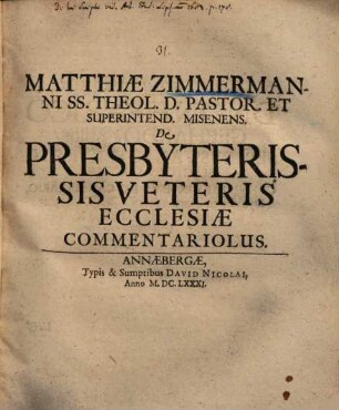 De Presbyterissis veteris ecclesiae commentariolus