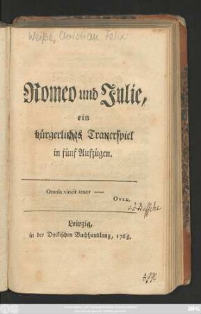 Romeo und Julie : ein bürgerliches Trauerspiel in fünf Aufzügen