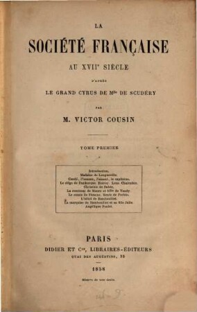 La société française au XVIIe siècle : d'après le Grand Cyrus de Mlle de Scudéry, 1