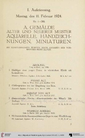 A. Gemälde Alter und Neuerer Meister Aquarelle, Handzeichnungen, Miniaturen (Nr. 1-178)