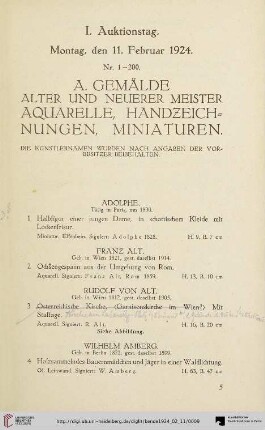 A. Gemälde Alter und Neuerer Meister Aquarelle, Handzeichnungen, Miniaturen (Nr. 1-178)