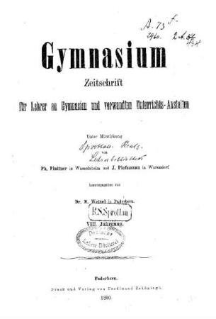 8: Gymnasium : Zeitschrift für Lehrer an Gymnasien und verwandten Unterrichtsanstalten - 8.1890